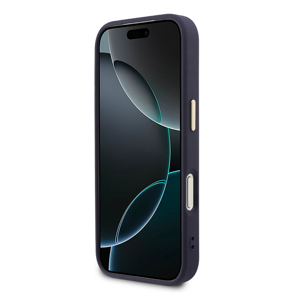 Apple iPhone 17 Pro Max Kılıf Guess M-safe Özellikli Yazı Logolu PU Deri Peony Kapak Lacivert