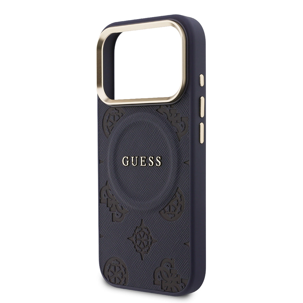 Apple iPhone 17 Pro Max Kılıf Guess M-safe Özellikli Yazı Logolu PU Deri Peony Kapak Lacivert