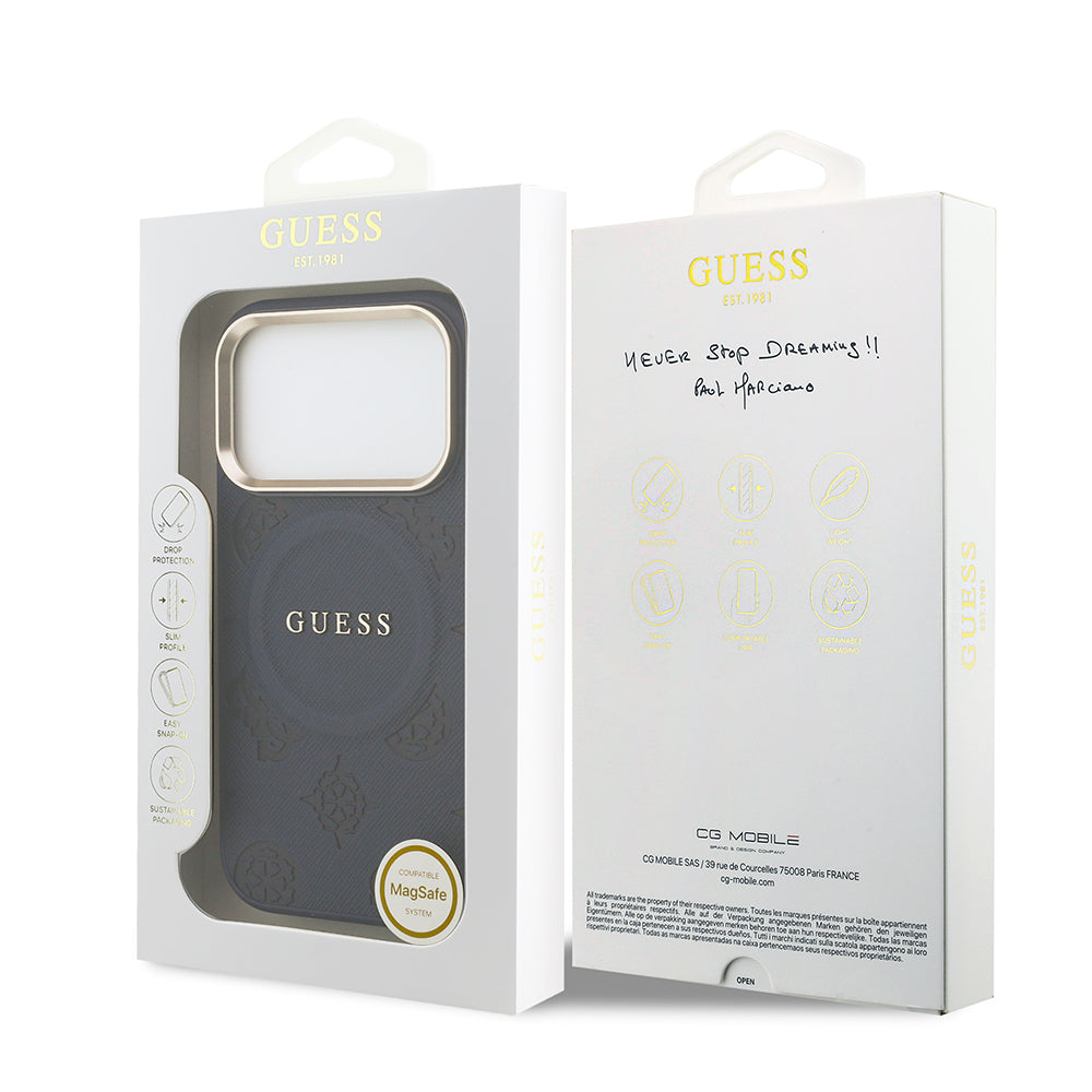Apple iPhone 17 Pro Max Kılıf Guess M-safe Özellikli Yazı Logolu PU Deri Peony Kapak Lacivert