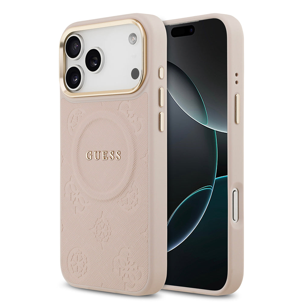 Apple iPhone 17 Pro Max Kılıf Guess M-safe Özellikli Yazı Logolu PU Deri Peony Kapak Pembe