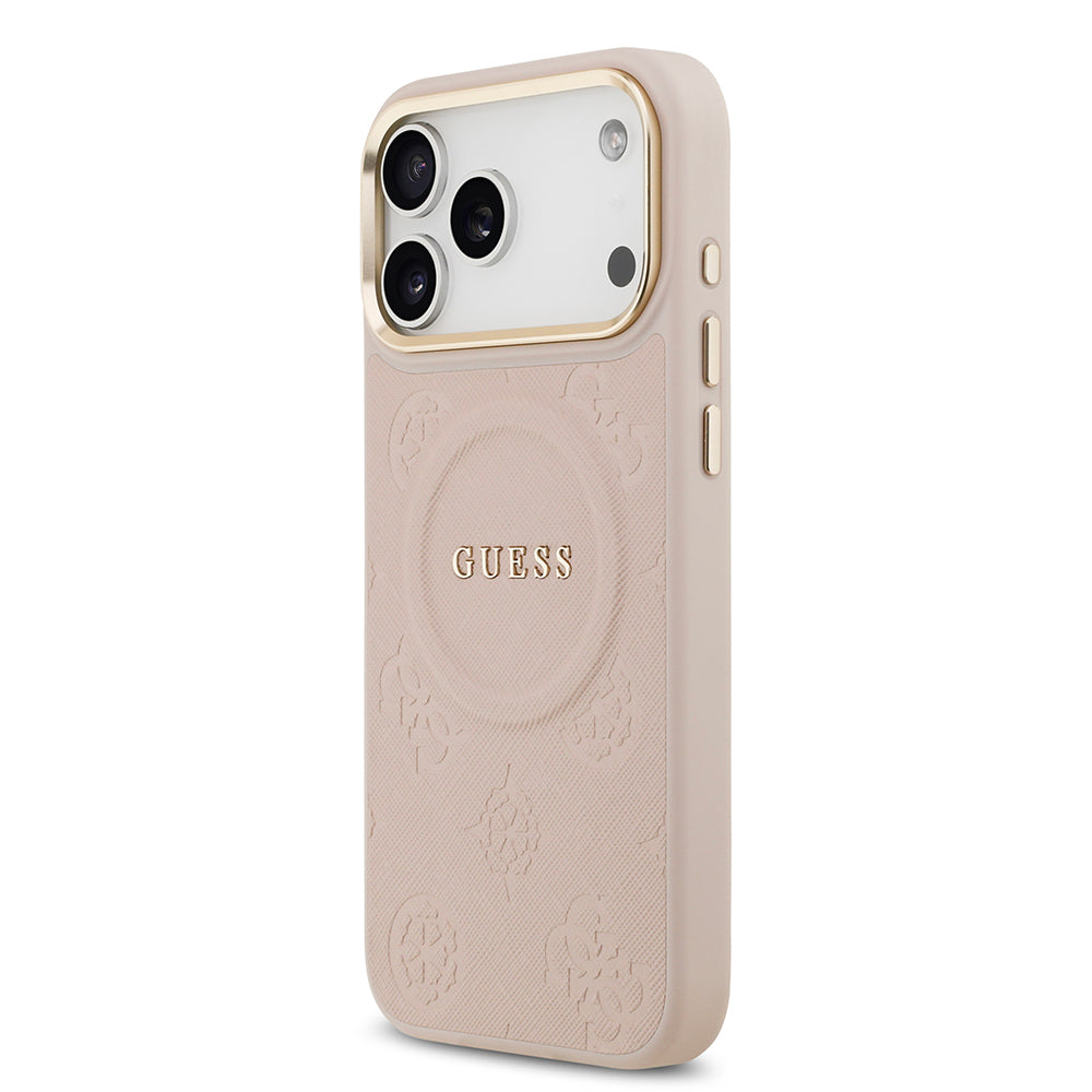 Apple iPhone 17 Pro Max Kılıf Guess M-safe Özellikli Yazı Logolu PU Deri Peony Kapak Pembe