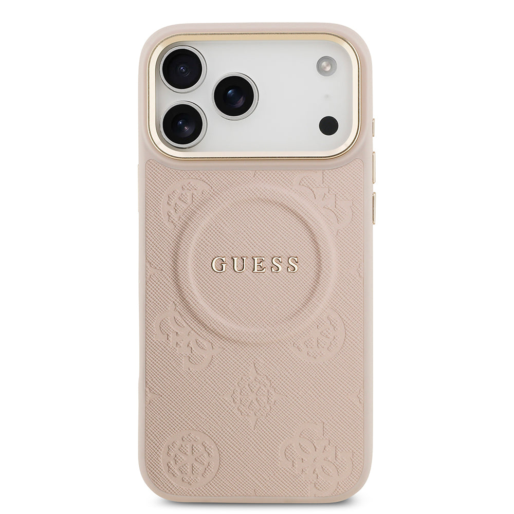 Apple iPhone 17 Pro Max Kılıf Guess M-safe Özellikli Yazı Logolu PU Deri Peony Kapak Pembe