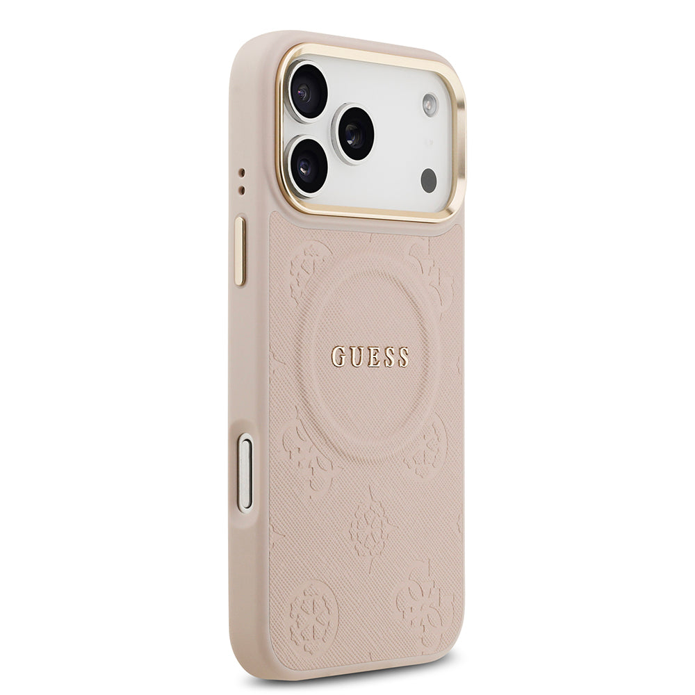 Apple iPhone 17 Pro Max Kılıf Guess M-safe Özellikli Yazı Logolu PU Deri Peony Kapak Pembe