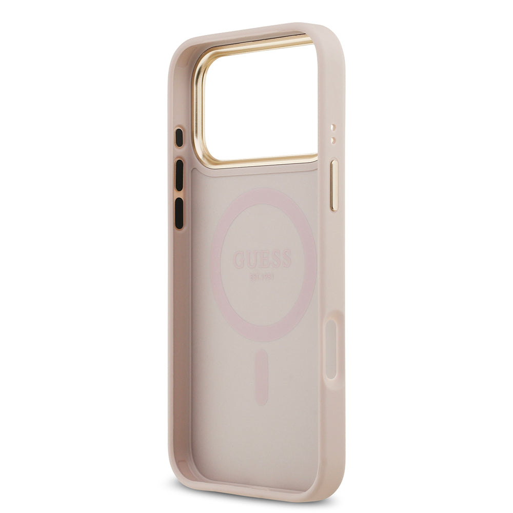 Apple iPhone 17 Pro Max Kılıf Guess M-safe Özellikli Yazı Logolu PU Deri Peony Kapak Pembe