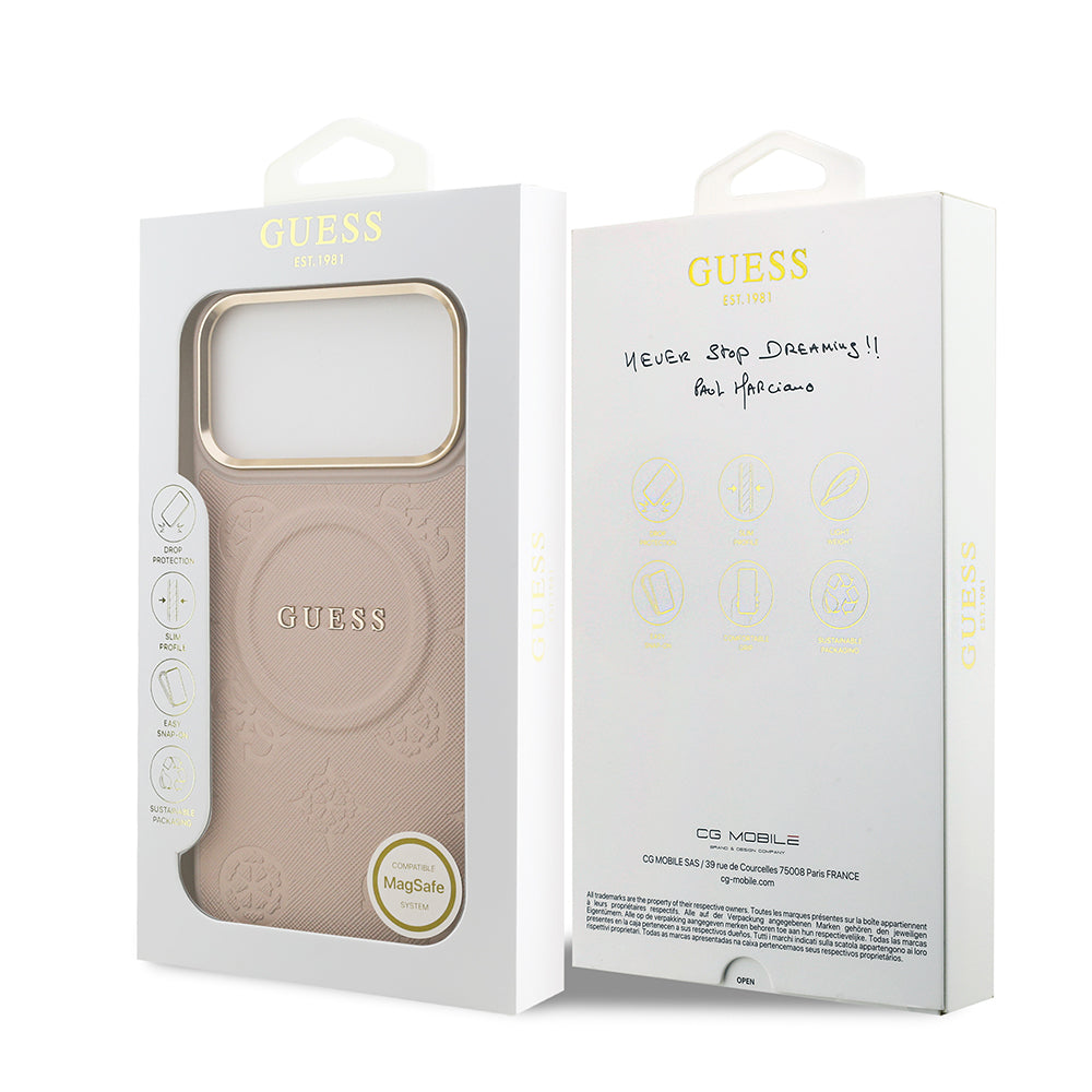 Apple iPhone 17 Pro Max Kılıf Guess M-safe Özellikli Yazı Logolu PU Deri Peony Kapak Pembe