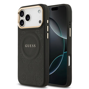 Apple iPhone 17 Pro Max Kılıf Guess M-safe Özellikli Yazı Logolu PU Deri Peony Kapak Siyah