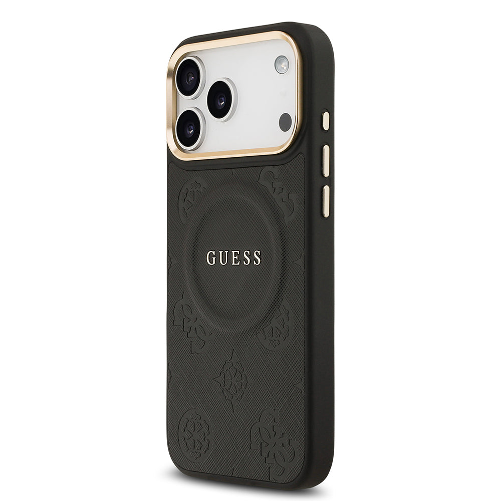 Apple iPhone 17 Pro Max Kılıf Guess M-safe Özellikli Yazı Logolu PU Deri Peony Kapak Siyah