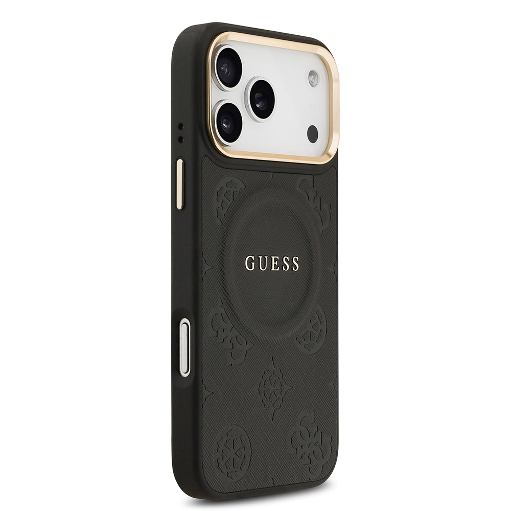 Apple iPhone 17 Pro Max Kılıf Guess M-safe Özellikli Yazı Logolu PU Deri Peony Kapak Siyah
