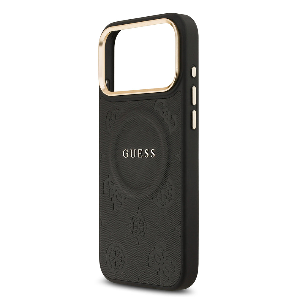 Apple iPhone 17 Pro Max Kılıf Guess M-safe Özellikli Yazı Logolu PU Deri Peony Kapak Siyah