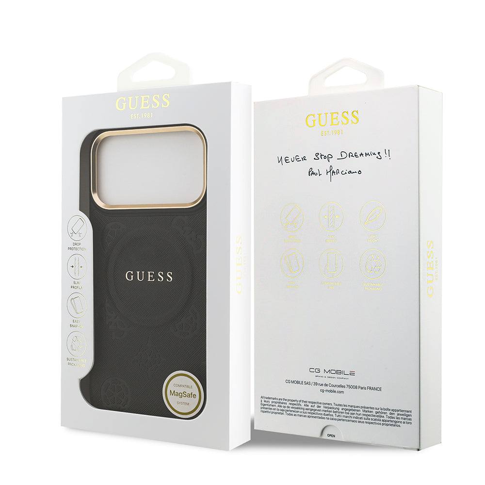 Apple iPhone 17 Pro Max Kılıf Guess M-safe Özellikli Yazı Logolu PU Deri Peony Kapak Siyah