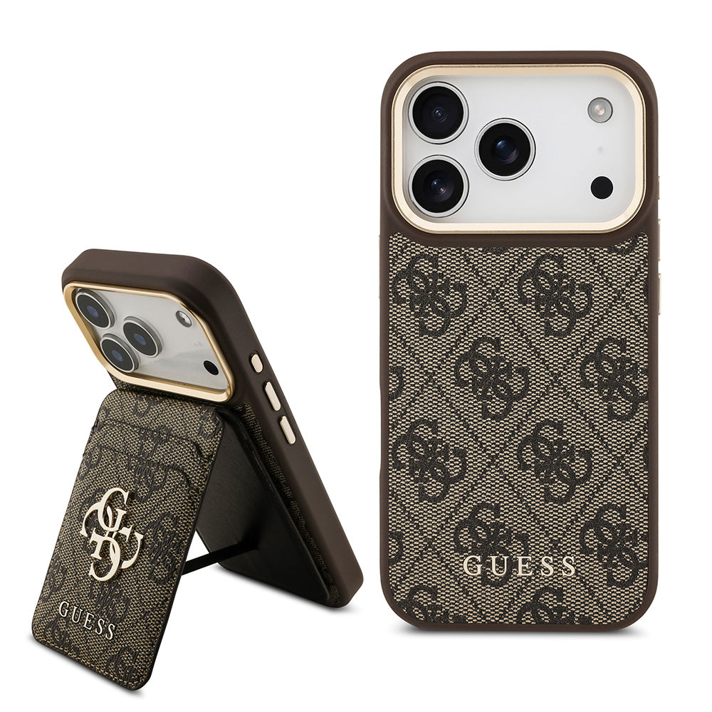 Apple iPhone 17 Pro Max Kılıf Guess M-safe Şarj Özellikli 2in1 4G Metal Büyük Logolu Kartlıklı Kapak Kahverengi