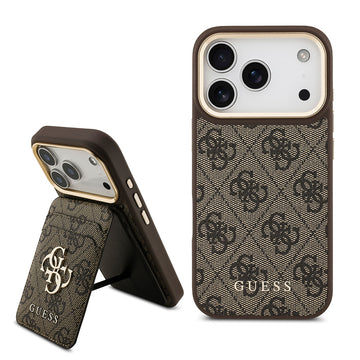 Apple iPhone 17 Pro Max Kılıf Guess M-safe Şarj Özellikli 2in1 4G Metal Büyük Logolu Kartlıklı Kapak Kahverengi