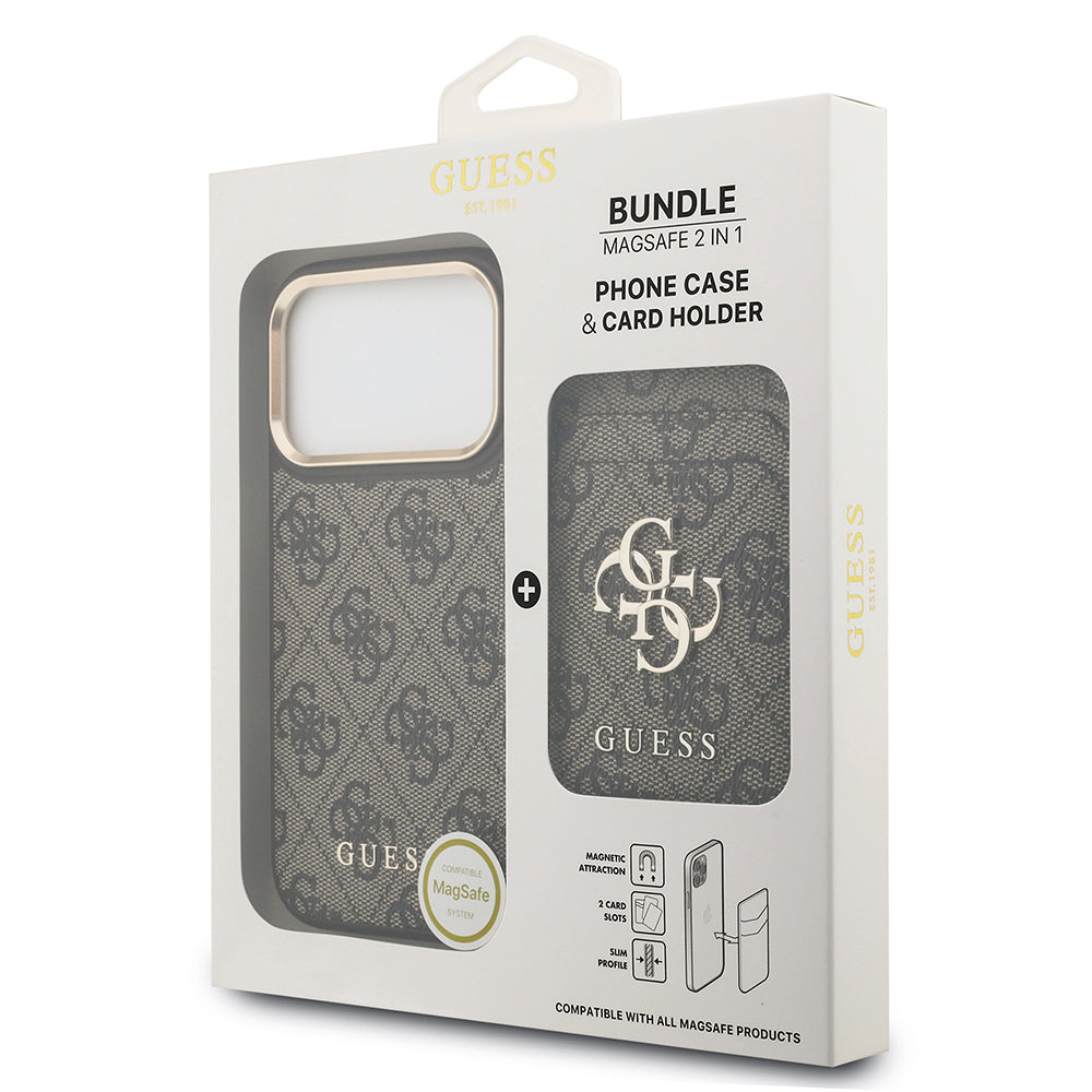 Apple iPhone 17 Pro Max Kılıf Guess M-safe Şarj Özellikli 2in1 4G Metal Büyük Logolu Kartlıklı Kapak Kahverengi