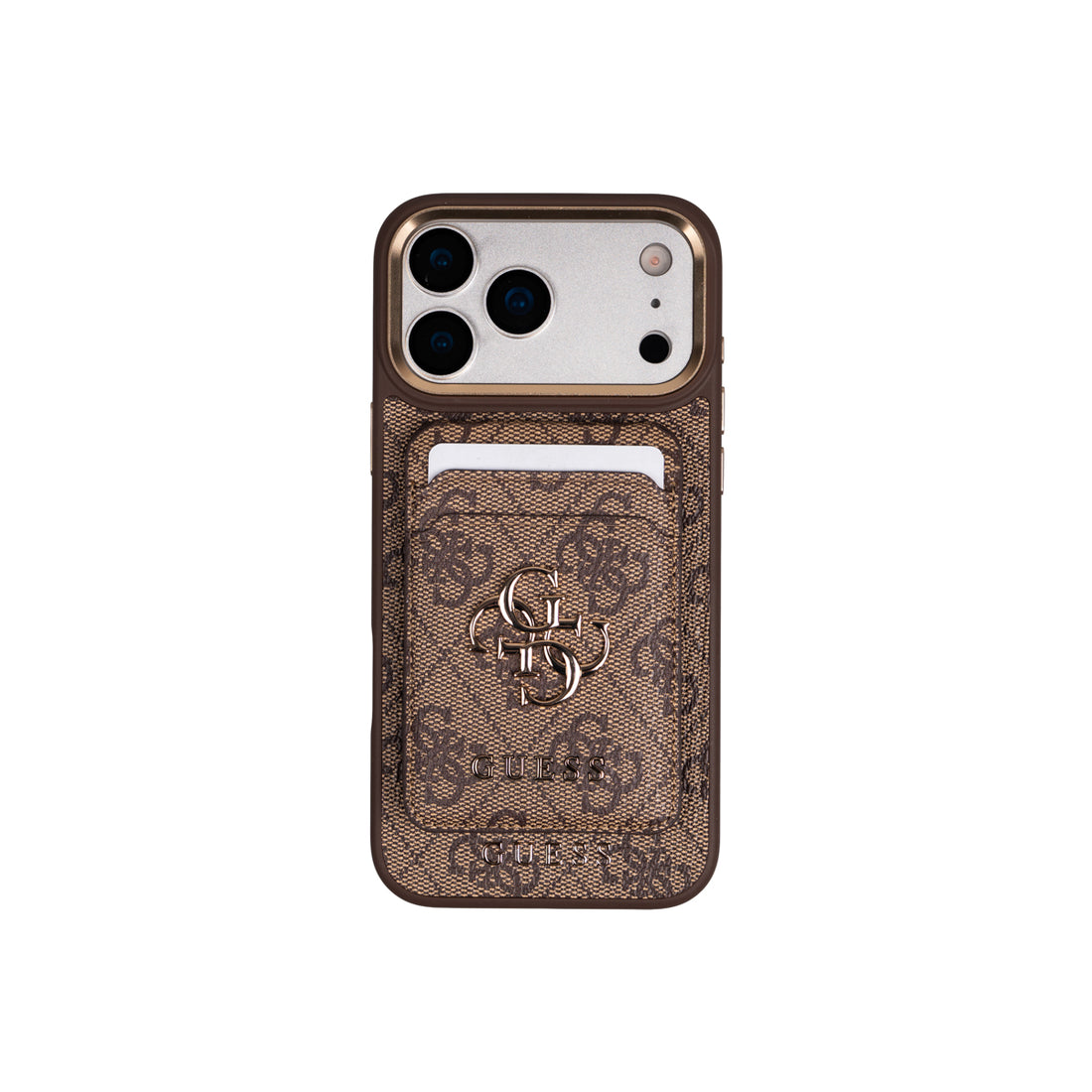 Apple iPhone 17 Pro Max Kılıf Guess M-safe Şarj Özellikli 2in1 4G Metal Büyük Logolu Kartlıklı Kapak Kahverengi
