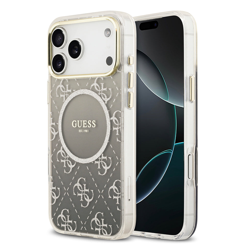 Apple iPhone 17 Pro Max Kılıf Guess M-safe Şarj Özellikli 4G Desenli Simli Transparan Kapak Gri