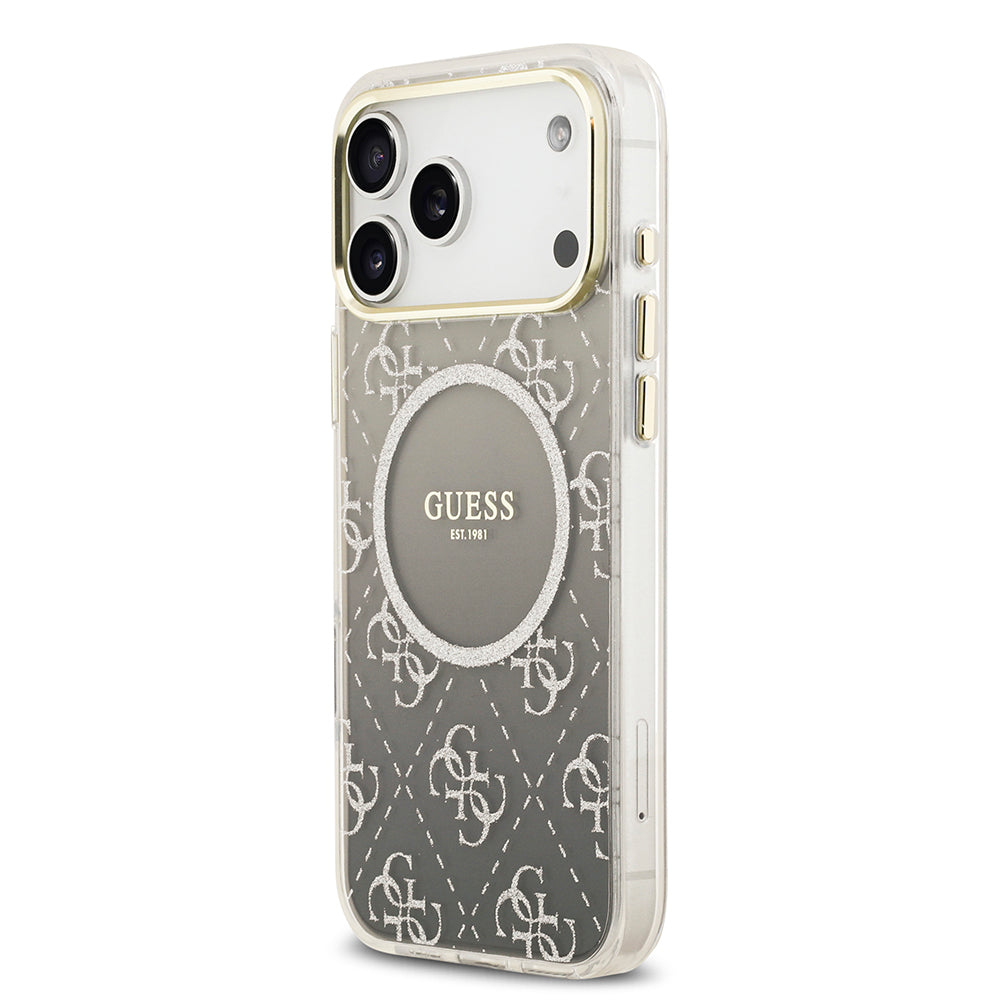 Apple iPhone 17 Pro Max Kılıf Guess M-safe Şarj Özellikli 4G Desenli Simli Transparan Kapak Gri