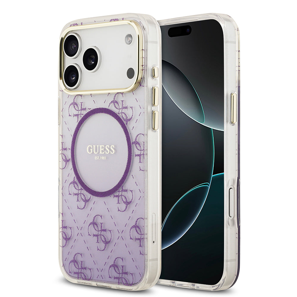 Apple iPhone 17 Pro Max Kılıf Guess M-safe Şarj Özellikli 4G Desenli Simli Transparan Kapak Mor