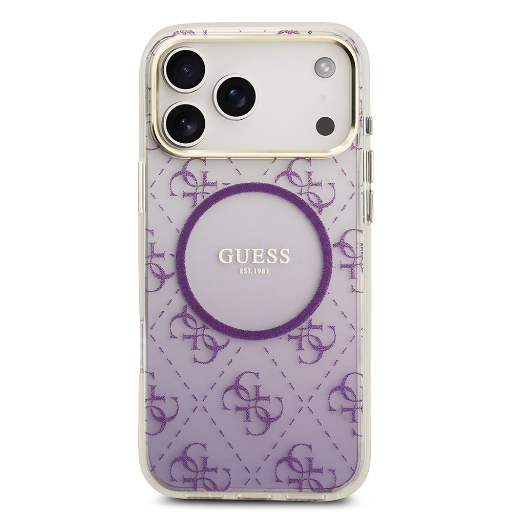 Apple iPhone 17 Pro Max Kılıf Guess M-safe Şarj Özellikli 4G Desenli Simli Transparan Kapak Mor