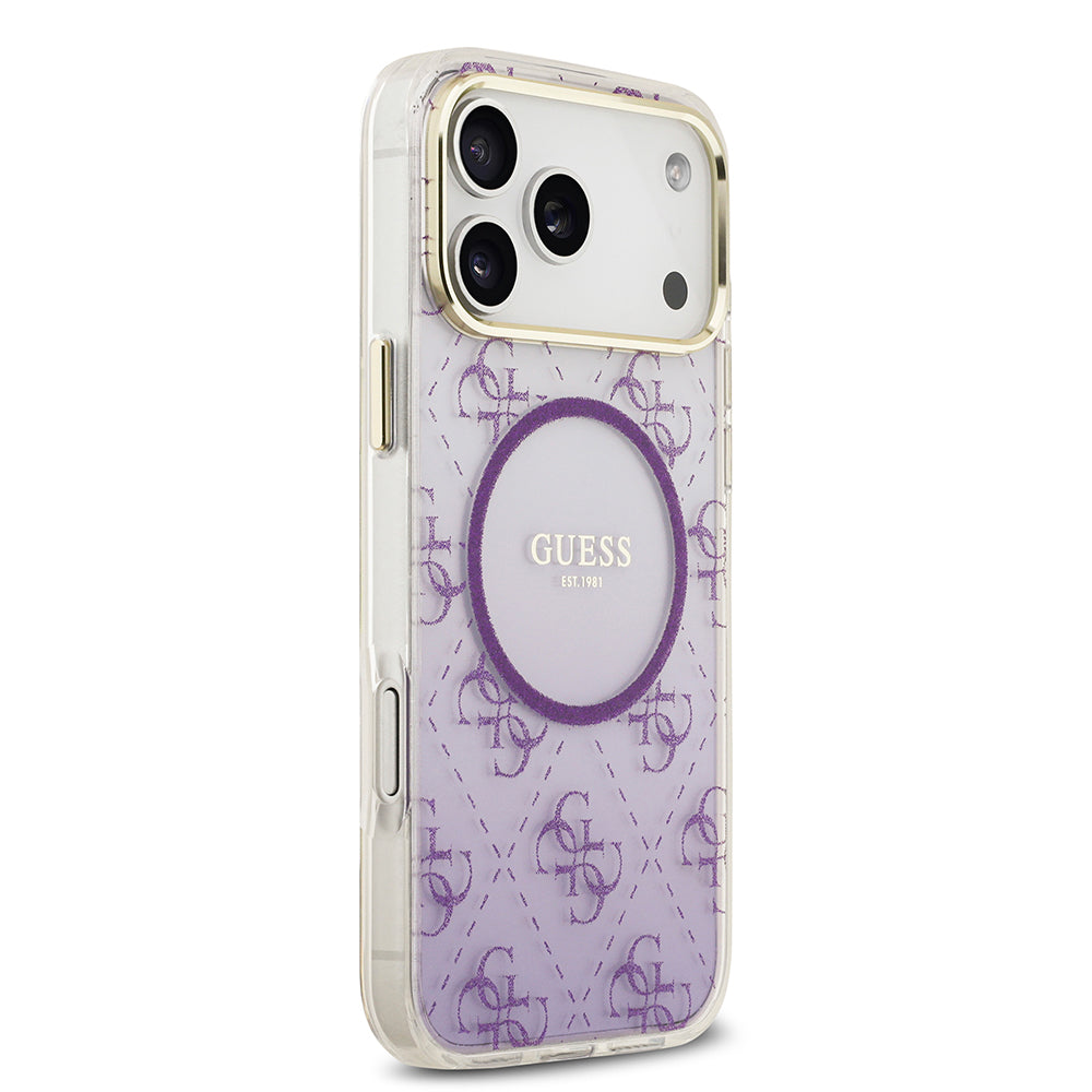 Apple iPhone 17 Pro Max Kılıf Guess M-safe Şarj Özellikli 4G Desenli Simli Transparan Kapak Mor