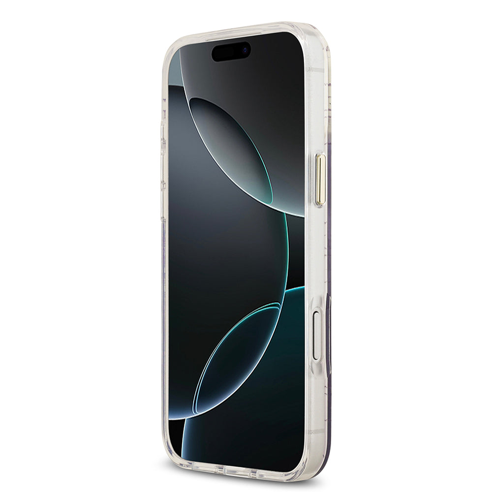 Apple iPhone 17 Pro Max Kılıf Guess M-safe Şarj Özellikli 4G Desenli Simli Transparan Kapak Mor