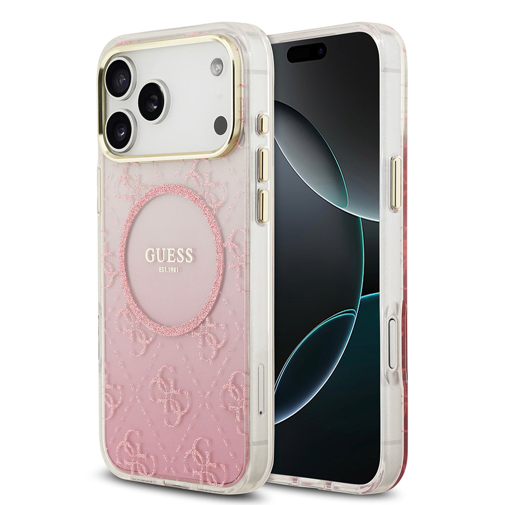 Apple iPhone 17 Pro Max Kılıf Guess M-safe Şarj Özellikli 4G Desenli Simli Transparan Kapak Pembe