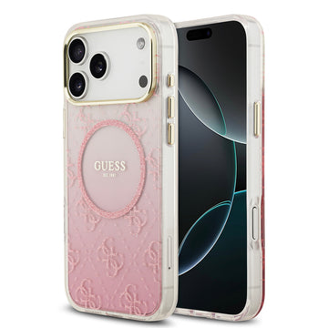Apple iPhone 17 Pro Max Kılıf Guess M-safe Şarj Özellikli 4G Desenli Simli Transparan Kapak Pembe