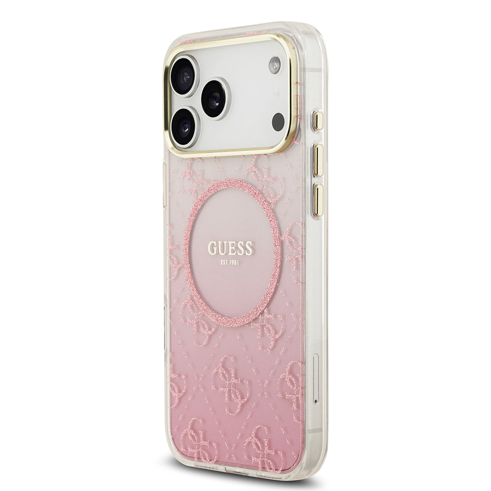 Apple iPhone 17 Pro Max Kılıf Guess M-safe Şarj Özellikli 4G Desenli Simli Transparan Kapak Pembe