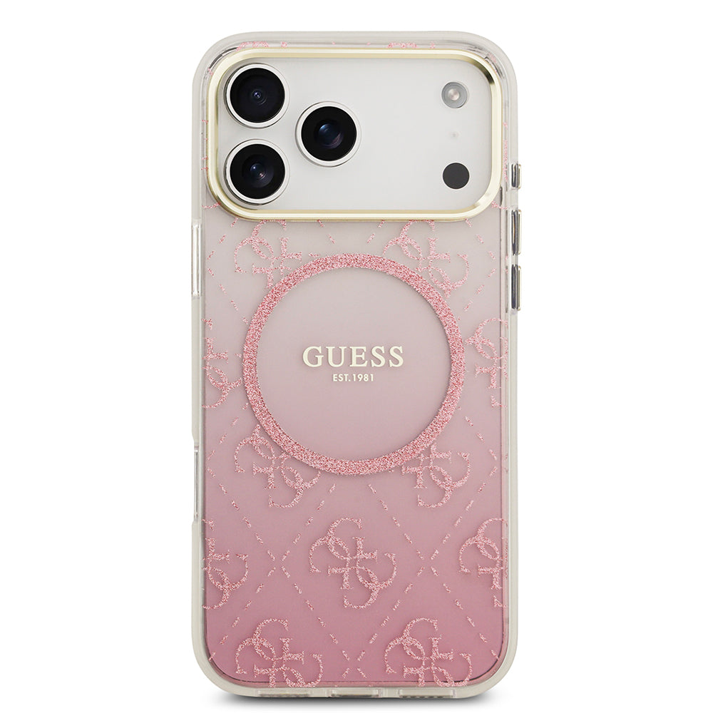 Apple iPhone 17 Pro Max Kılıf Guess M-safe Şarj Özellikli 4G Desenli Simli Transparan Kapak Pembe