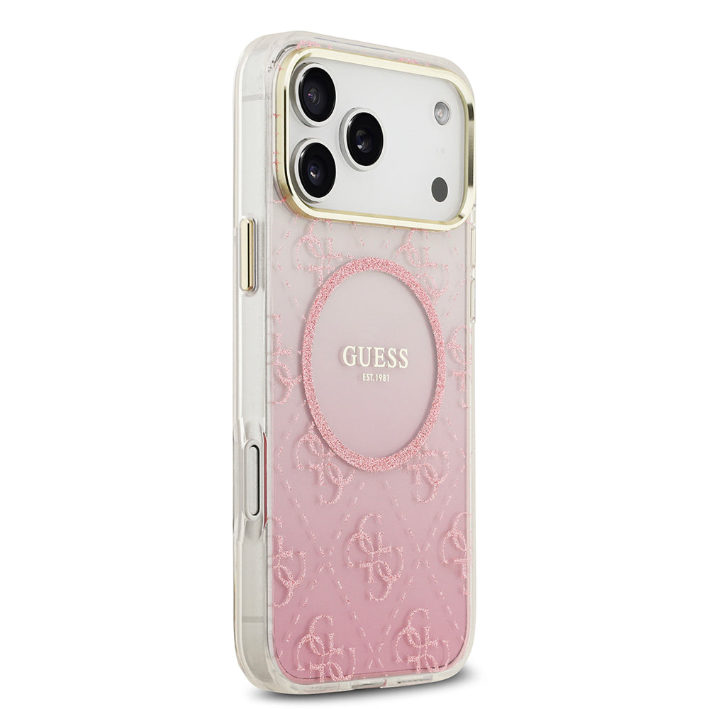 Apple iPhone 17 Pro Max Kılıf Guess M-safe Şarj Özellikli 4G Desenli Simli Transparan Kapak Pembe
