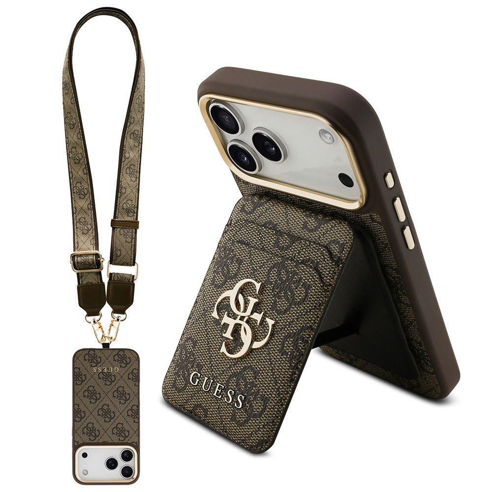 Apple iPhone 17 Pro Max Kılıf Guess M-safe Şarj Özellikli Askılı ve Kartlıklı 4G Logo Kapak Kahverengi