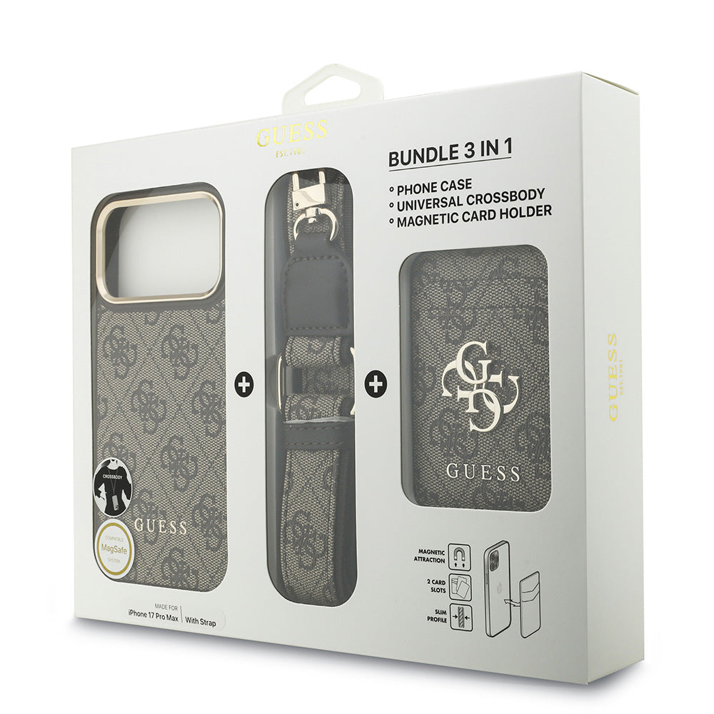 Apple iPhone 17 Pro Max Kılıf Guess M-safe Şarj Özellikli Askılı ve Kartlıklı 4G Logo Kapak Kahverengi