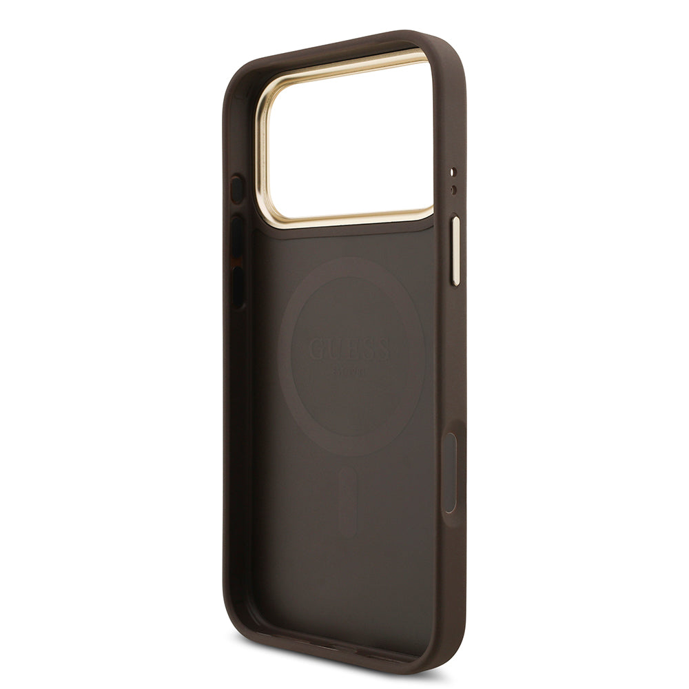 Apple iPhone 17 Pro Max Kılıf Guess M-safe Şarj Özellikli Askılı ve Kartlıklı 4G Logo Kapak Kahverengi