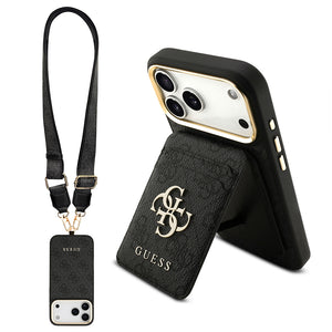 Apple iPhone 17 Pro Max Kılıf Guess M-safe Şarj Özellikli Askılı ve Kartlıklı 4G Logo Kapak Siyah