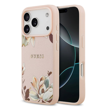 Apple iPhone 17 Pro Max Kılıf Guess M-Safe Şarj Özellikli Çiçek Tasarımlı Metal Yazı Logolu Kapak Pembe