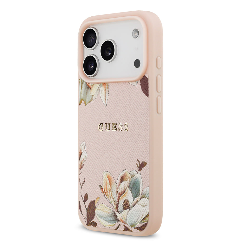 Apple iPhone 17 Pro Max Kılıf Guess M-Safe Şarj Özellikli Çiçek Tasarımlı Metal Yazı Logolu Kapak Pembe