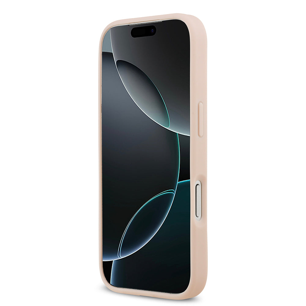 Apple iPhone 17 Pro Max Kılıf Guess M-Safe Şarj Özellikli Çiçek Tasarımlı Metal Yazı Logolu Kapak Pembe