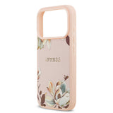 Apple iPhone 17 Pro Max Kılıf Guess M-Safe Şarj Özellikli Çiçek Tasarımlı Metal Yazı Logolu Kapak Pembe