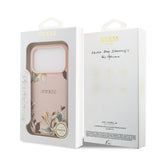 Apple iPhone 17 Pro Max Kılıf Guess M-Safe Şarj Özellikli Çiçek Tasarımlı Metal Yazı Logolu Kapak Pembe