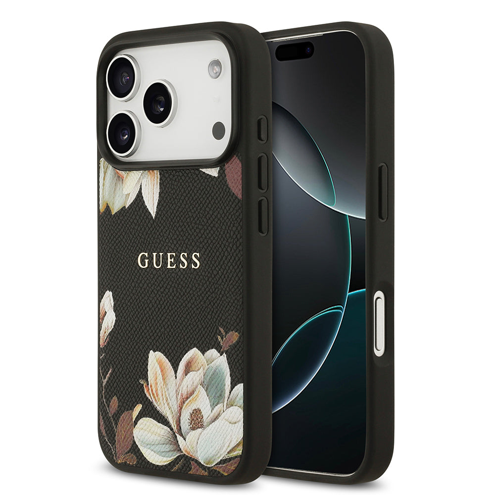 Apple iPhone 17 Pro Max Kılıf Guess M-Safe Şarj Özellikli Çiçek Tasarımlı Metal Yazı Logolu Kapak Siyah