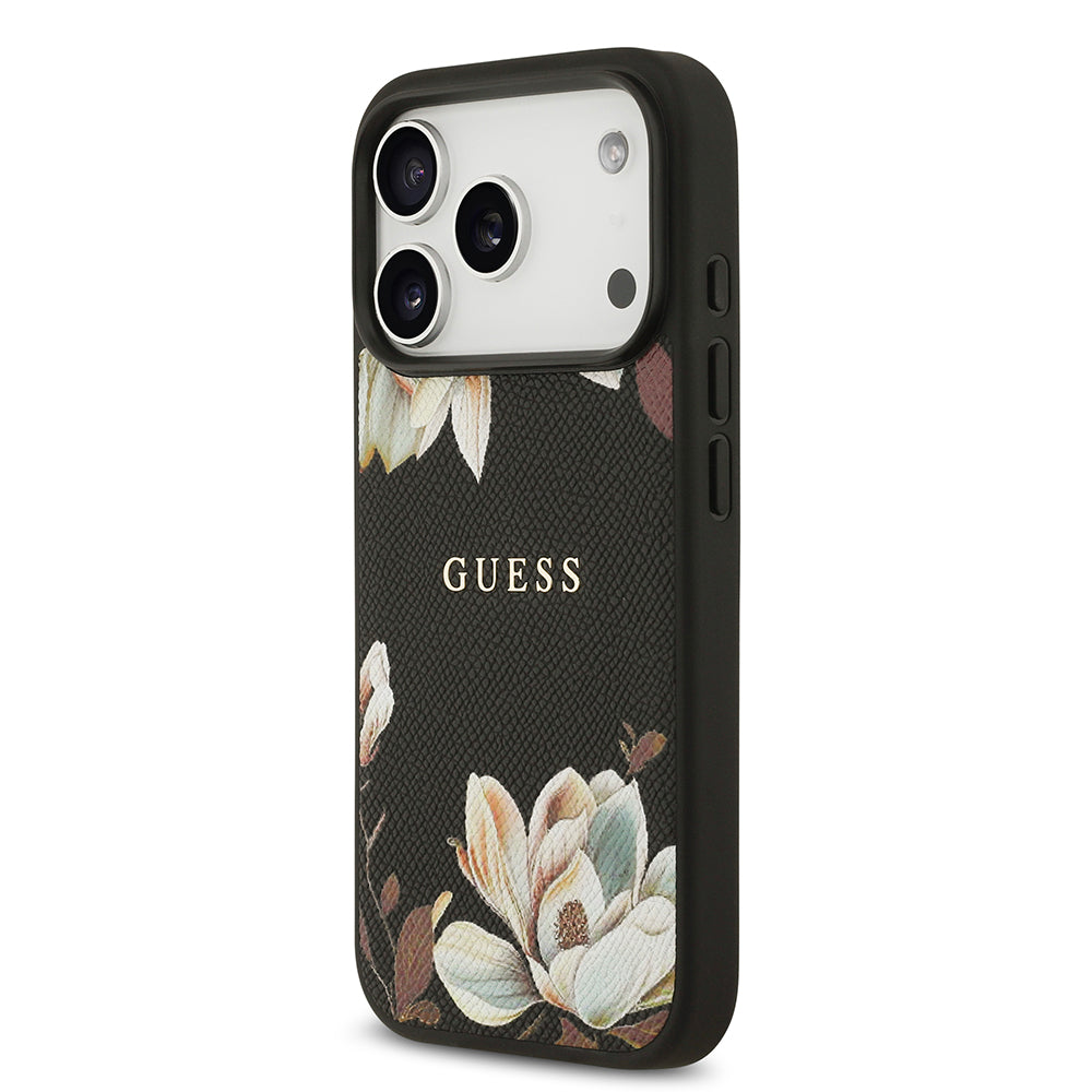 Apple iPhone 17 Pro Max Kılıf Guess M-Safe Şarj Özellikli Çiçek Tasarımlı Metal Yazı Logolu Kapak Siyah