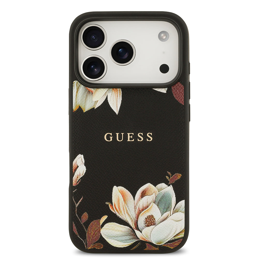 Apple iPhone 17 Pro Max Kılıf Guess M-Safe Şarj Özellikli Çiçek Tasarımlı Metal Yazı Logolu Kapak Siyah
