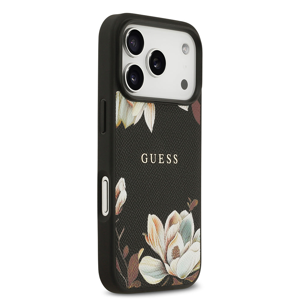Apple iPhone 17 Pro Max Kılıf Guess M-Safe Şarj Özellikli Çiçek Tasarımlı Metal Yazı Logolu Kapak Siyah