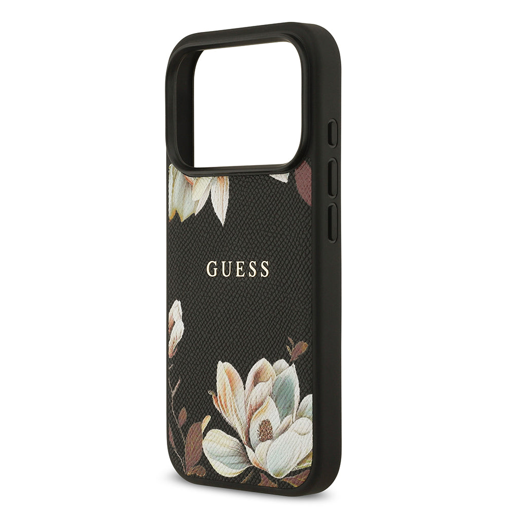 Apple iPhone 17 Pro Max Kılıf Guess M-Safe Şarj Özellikli Çiçek Tasarımlı Metal Yazı Logolu Kapak Siyah