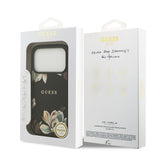 Apple iPhone 17 Pro Max Kılıf Guess M-Safe Şarj Özellikli Çiçek Tasarımlı Metal Yazı Logolu Kapak Siyah