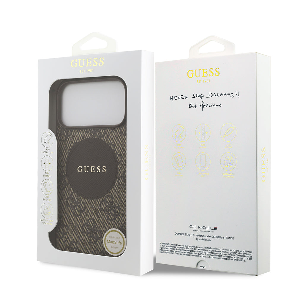 Apple iPhone 17 Pro Max Kılıf Guess M-Safe Şarj Özellikli Circle Classic Kapak Kahverengi