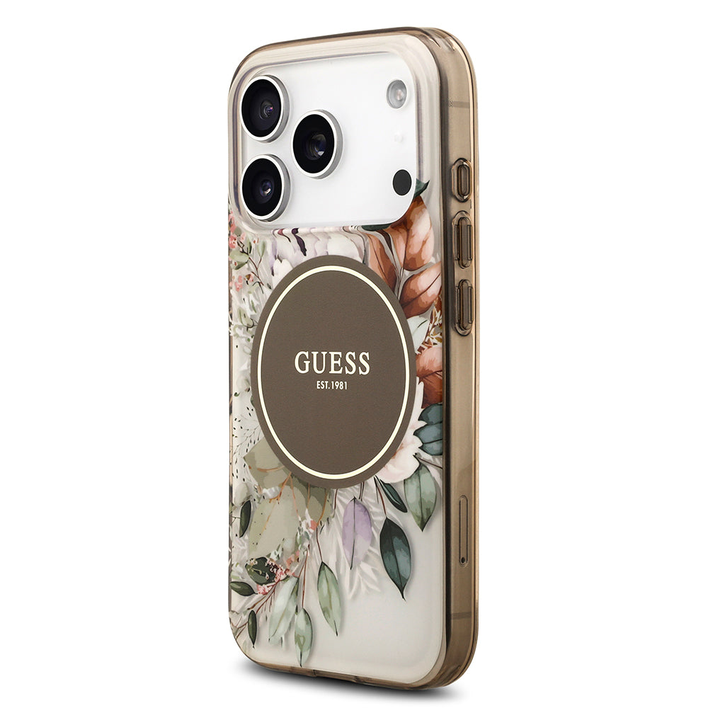 Apple iPhone 17 Pro Max Kılıf Guess M-safe Şarj Özellikli Flower Tonal Circle Çiçek Desenli Kapak Kahverengi