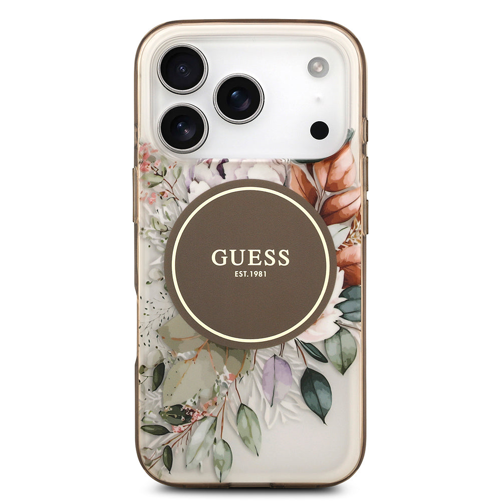 Apple iPhone 17 Pro Max Kılıf Guess M-safe Şarj Özellikli Flower Tonal Circle Çiçek Desenli Kapak Kahverengi