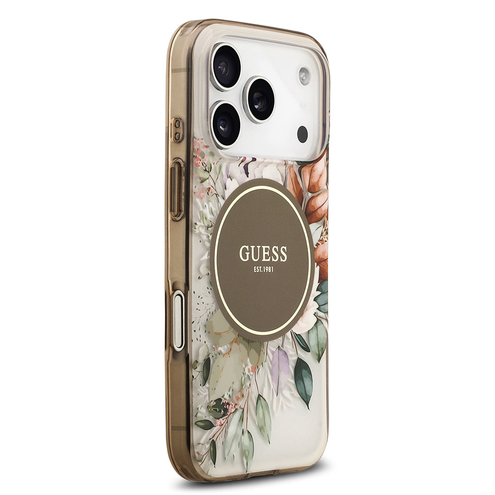 Apple iPhone 17 Pro Max Kılıf Guess M-safe Şarj Özellikli Flower Tonal Circle Çiçek Desenli Kapak Kahverengi