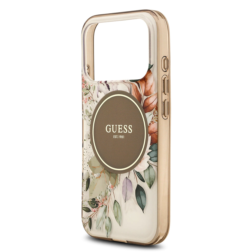Apple iPhone 17 Pro Max Kılıf Guess M-safe Şarj Özellikli Flower Tonal Circle Çiçek Desenli Kapak Kahverengi