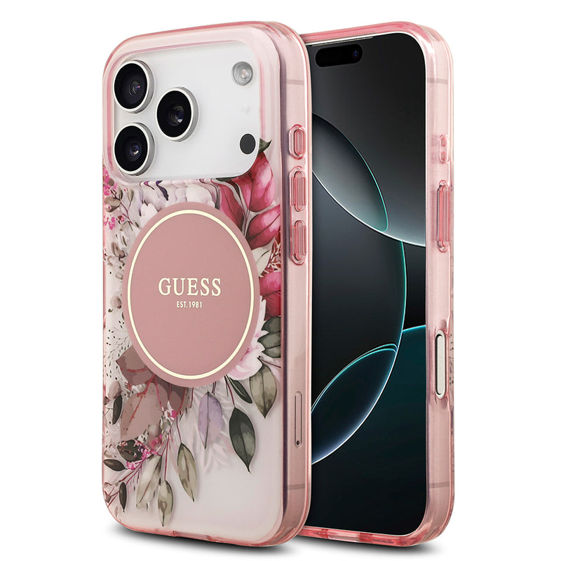 Apple iPhone 17 Pro Max Kılıf Guess M-safe Şarj Özellikli Flower Tonal Circle Çiçek Desenli Kapak Pembe